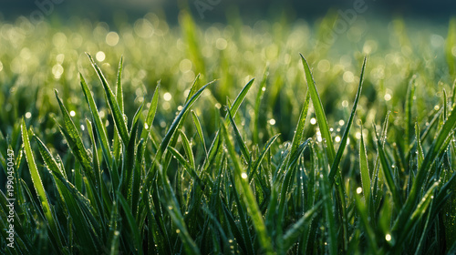 Close up of green grass with morning dew under soft sunlight showing fresh wet blades and natural lawn texture