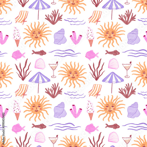 Summer seamless pattern. Hand drawing illustration for print, wrapping, fabric design, textile design, stationery.