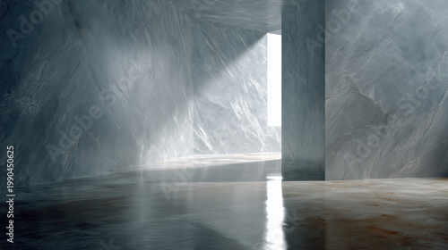 Abstract interior with light beam, marble wall, reflective floor, empty room, modern architecture