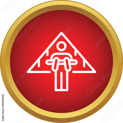 Outline icon representing a person engaged in hang gliding, featuring a red and gold circle