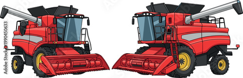Modern red combine harvesters isolated on white background detailed agricultural machinery illustration