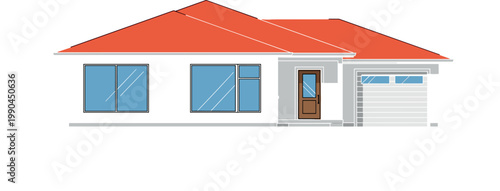 Modern single story house exterior with red roof garage and large windows isolated on white background for real estate architecture and home design concepts