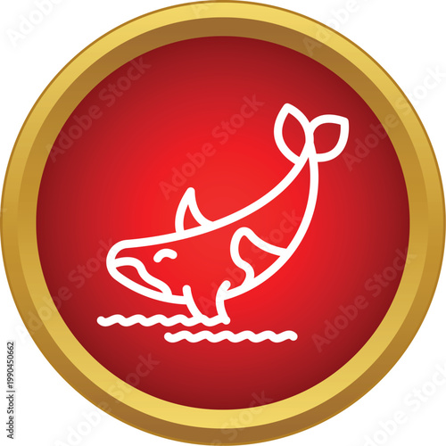 Orca whale leaping from water in a red and gold circle icon