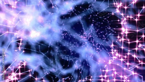 Abstract glowing plexus network of purple and blue lines with digital stars moving through dark space