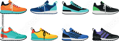 Modern sneaker set with colorful casual running shoes isolated on white background for fashion footwear design sportswear branding and active lifestyle concepts
