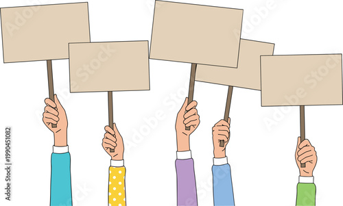 People holding blank protest signs raised hands demonstration concept isolated on white background for activism social movement and public awareness illustration