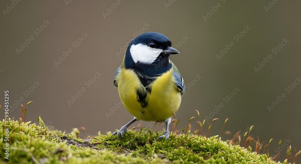Fototapeta premium Great tit perched on mossy ground against blurred background