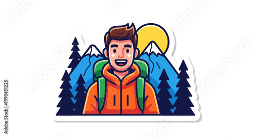 Flat design vector illustration of happy hiker enjoying mountain adventure lifestyle in bright sunlight with forest scenery