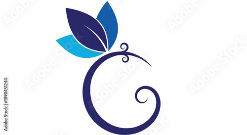 Floral logo icon with blue leaves and purple swirling line design for premium nature branding featuring leaf, botanical, plant emblem with swirl and