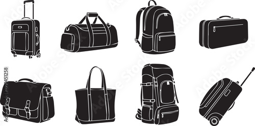 A collection of various black luggage and travel bags on a white background