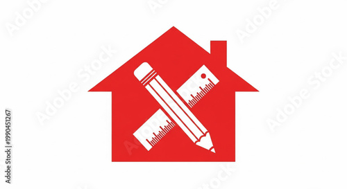 House roof with red measuring tools illustration for construction measurement and renovation planning graphics