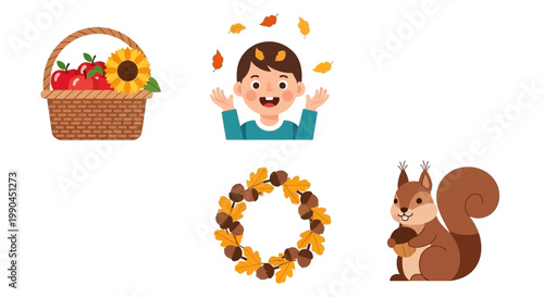 Flat design vector illustration of autumn harvest basket and cute squirrel gathering nuts in warm fall outdoor setting lifestyle concept