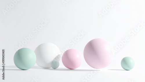 Pastel colored spheres in minimalist white space with soft shadows