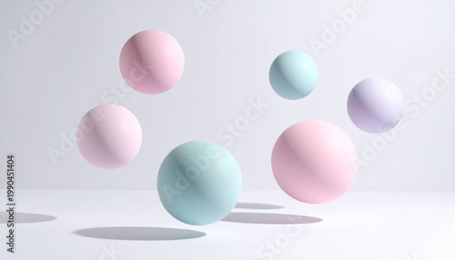 Floating pastel spheres in clean white space with soft shadows