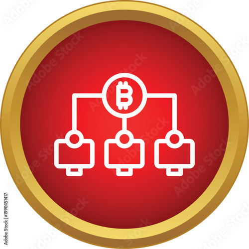 Bitcoin symbol connecting to multiple computer monitor icons representing a decentralized network