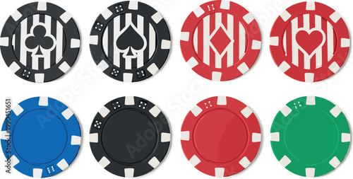 Poker casino chips set with different colors and card suit symbols isolated on white background for gambling game design and betting concepts