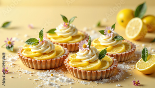 lemon tarts decorated with cream, lemon slices, and flowers on a pastel background, concept dessert preparation, with copy space