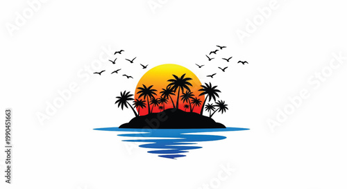 Island sunset graphic with silhouette palm trees, flying birds, and ocean water reflections for summer vacation design
