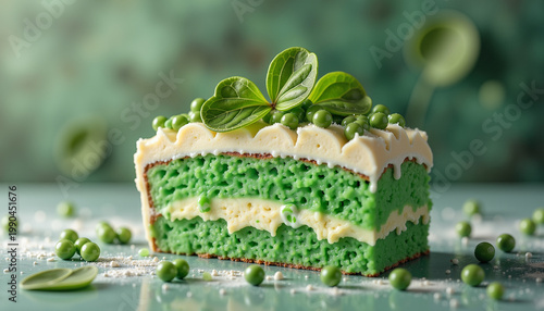Green layered cake with cream frosting and garnished with fresh peas and leaves on a pastel background, concept of dessert presentation