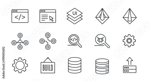 Collection of hand-drawn icons representing software development and technology concepts.