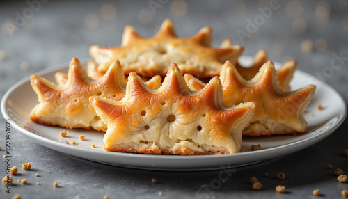 pastry dessert shaped like sea creatures arranged on a white plate, ideal for culinary presentations and food photography with copy space