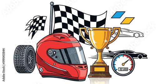Racing Elements Including Helmet Trophy and Flags.