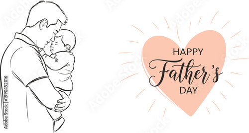 Touching father's day illustration dad holding baby with heart shaped 'happy father's day'