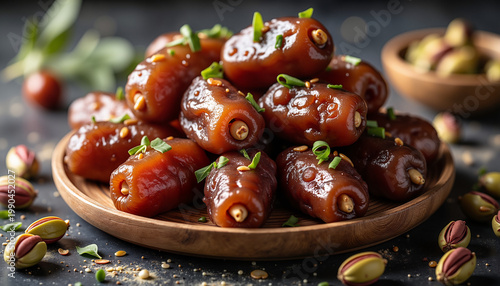 fresh dates arranged on a wooden plate with green onions, served alongside pistachios in a rustic setting for culinary presentations and gourmet experiences