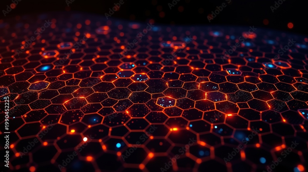 Fototapeta premium Hexagonal grid glows, vibrant orange dominates. Dark background emphasizes complex digital pattern. Futuristic, abstract design.