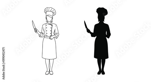 Two depictions of a chef one outlined and one as a silhouette both holding knives high quality professional