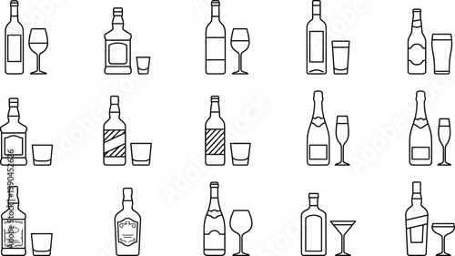 Alcohol bottles and glasses line art icon set illustration, beverage collection with wine whiskey beer and cocktail drink symbols