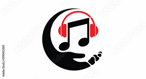 Music note icon with headphones and piano staff over circular wave design in red and black on white background