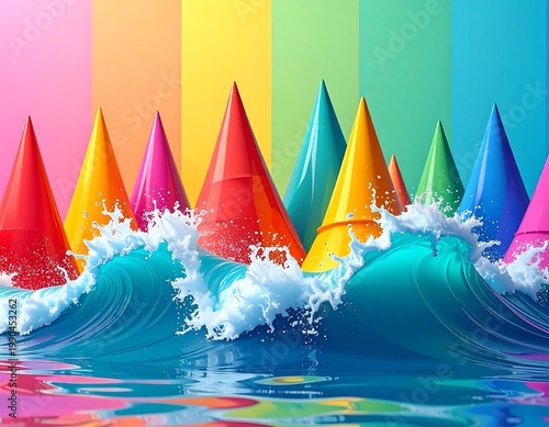 Vibrant 3d Render Of Colorful Geometric Cones Rising From Splashing Blue Ocean Waves Against A Rainbow Striped Background