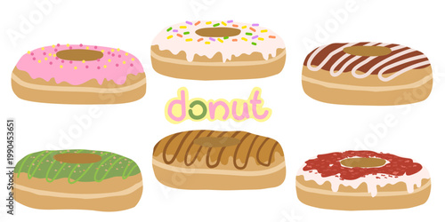 Cute flat illustration of assorted donuts with colorful icing, sprinkles, and sweet toppings in soft pastel style.
