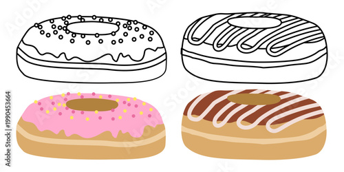 Combination of line art and colored donut illustrations featuring icing and topping variations.