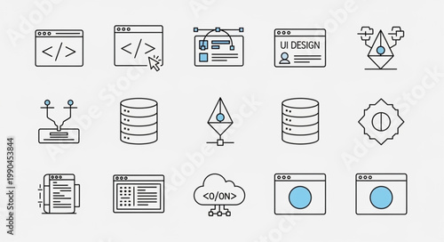 Collection of technology and programming icons for web development.