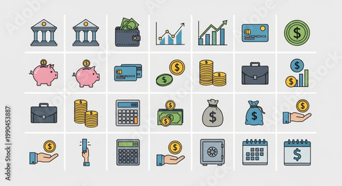 Financial Icons Set Representing Money and Business.