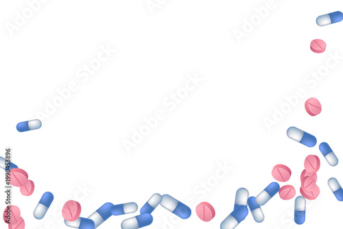 Ibuprofen pills medical vector illustration. Capsule drugs and tablets disease prescription elements. Blue white and pink pills, first aid treatment or vitamins. Painkiller tablets concept.