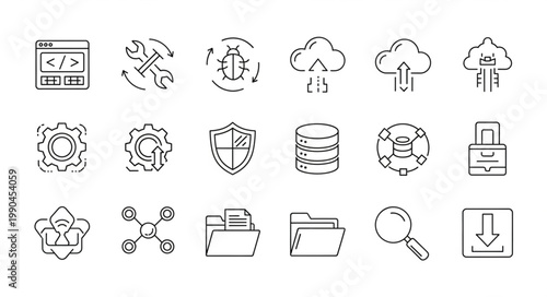 Collection of technology and computer icons in a sketch style.