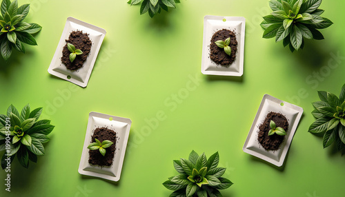 seedlings in plant pots with soil arranged on a vibrant green background for gardening concepts and nature awareness