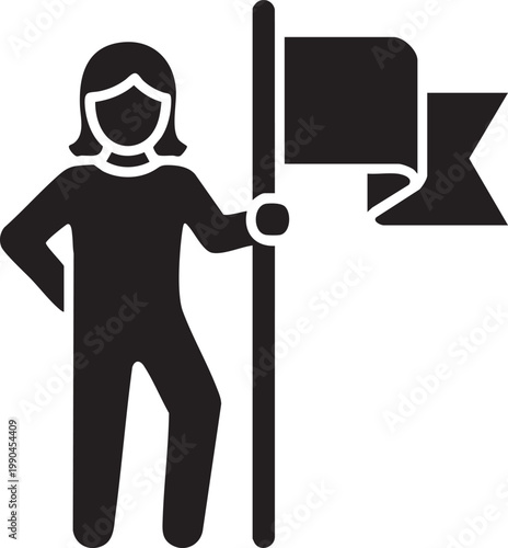 Black silhouette woman holding flag, protester icon, activist symbol, flat design