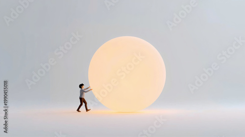 AI-Generated minimalist 3D illustration of a character pushing glowing abstract spheres, symbolizing effort, persistence, problem solving, and overcoming obstacles in a soft pastel environment