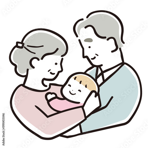 赤ちゃんを優しく抱く祖父母　横向き構図の家族イラスト