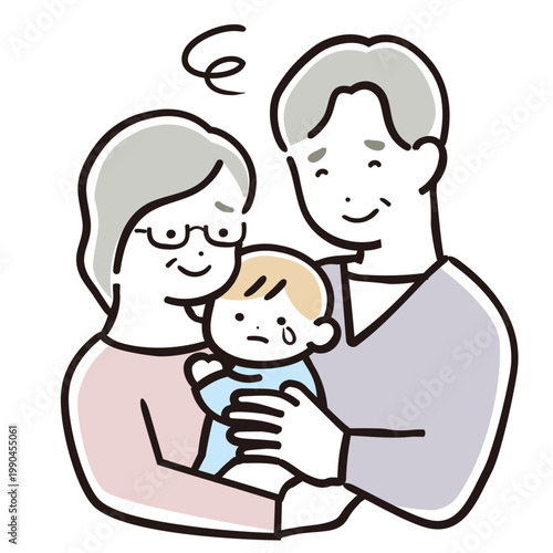 赤ちゃんを抱く祖父母　安心と不安が混ざる育児シーンイラスト