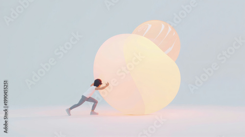 AI-Generated minimalist 3D illustration of a character pushing glowing abstract spheres, symbolizing effort, persistence, problem solving, and overcoming obstacles in a soft pastel environment