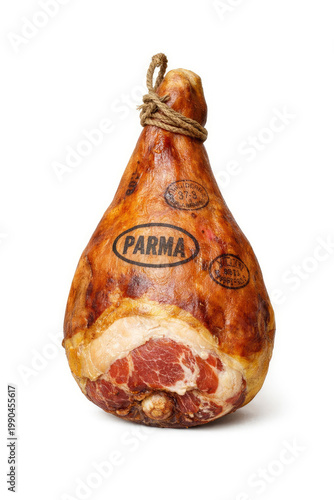 Prosciutto di parma ham leg on white background showing rope and marking