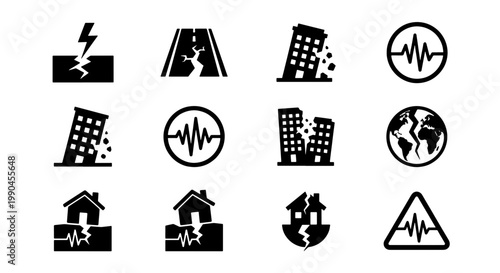 Earthquake disaster icon set, 12 black vector symbols of seismic activity and building destruction, natural catastrophe and emergency warning signs