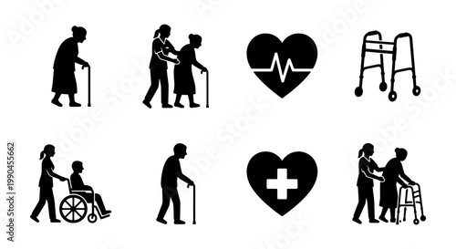 Elderly care silhouette icon set, senior people with nurse and caregiver, geriatric healthcare symbols with wheelchair and walker vector