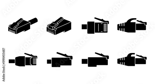 RJ45 ethernet connector icon set, network cable plug vector collection, 8 black silhouette internet hardware symbols for IT infrastructure and web design