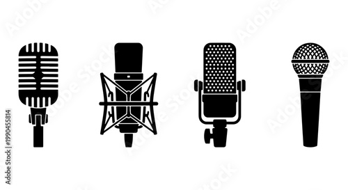 Vintage microphone vector icons set, professional studio condenser and dynamic mic silhouettes, podcast and broadcast equipment collection